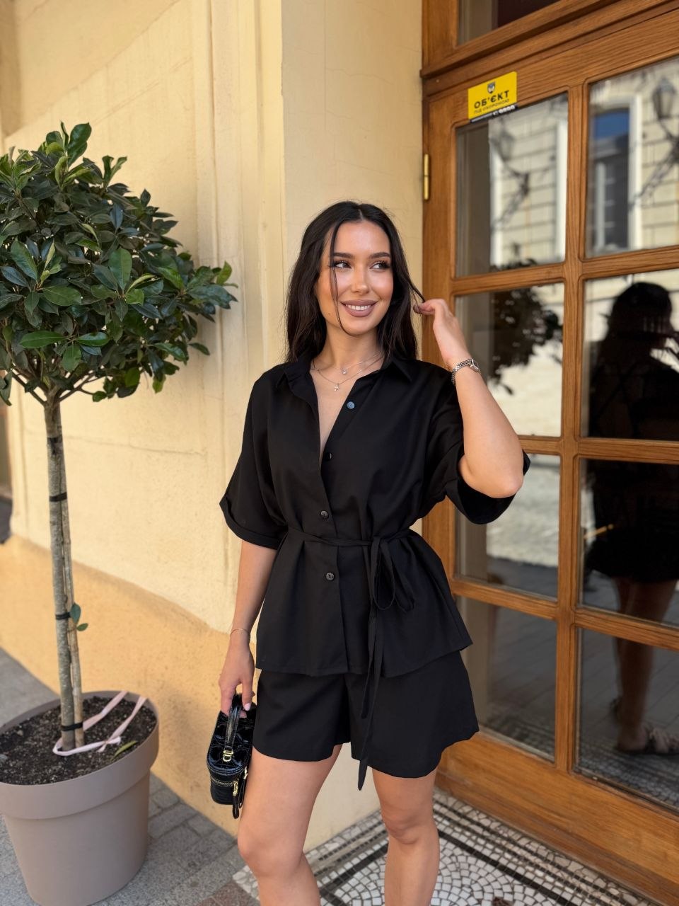 Linen Two Piece Set Women Black Oversize Shirt And Shorts Summer Outfit