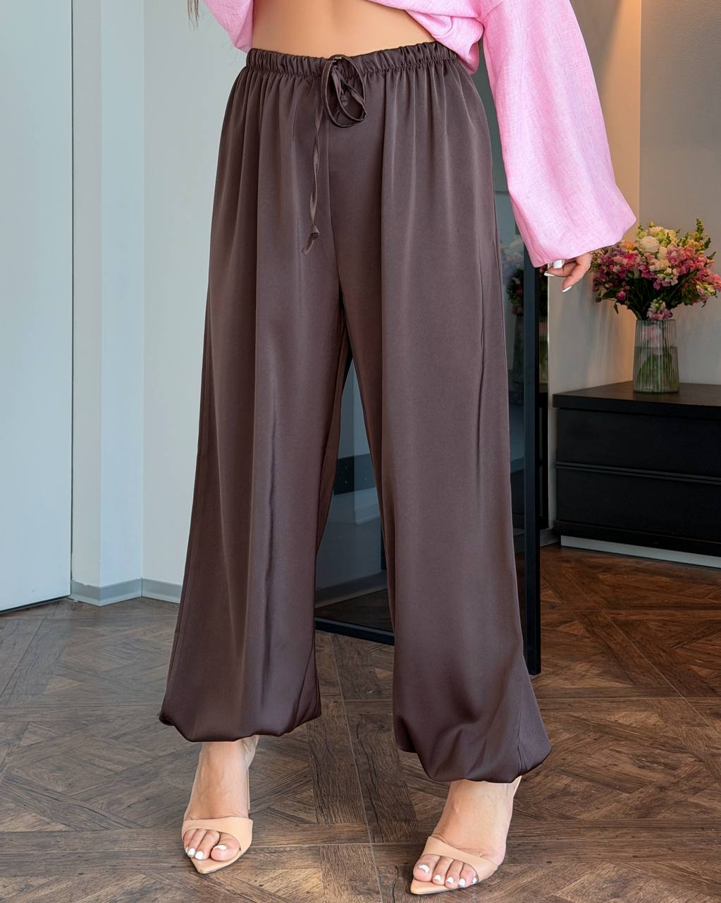 Women Aladdin Harem Pants Brown Double Silk Lightweight Trendy