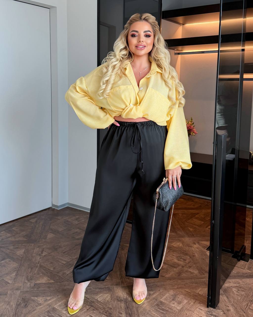 Black Aladdin Pants for Women Double Silk Harem Wide Leg Elastic Waist