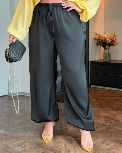 Black Aladdin Pants for Women Double Silk Harem Wide Leg Elastic Waist
