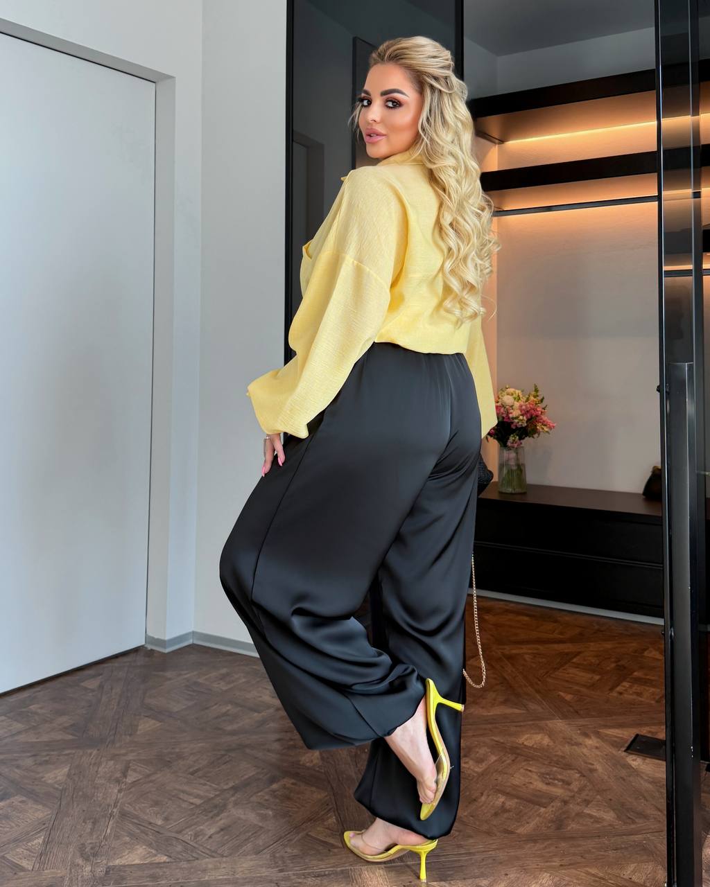 Black Aladdin Pants for Women Double Silk Harem Wide Leg Elastic Waist