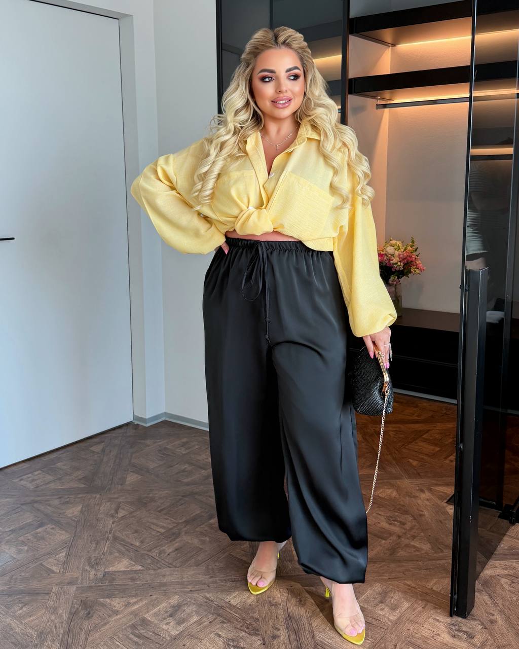 Black Aladdin Pants for Women Double Silk Harem Wide Leg Elastic Waist