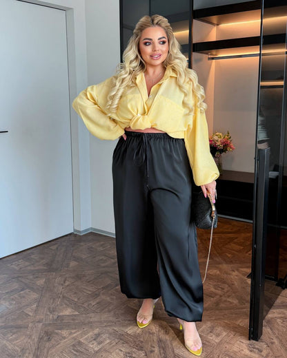 Black Aladdin Pants for Women Double Silk Harem Wide Leg Elastic Waist