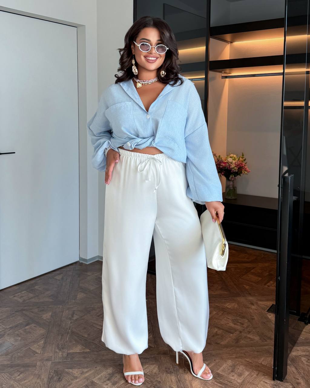Women Aladdin Harem Pants Cream Double Silk Lightweight Oversized Trousers