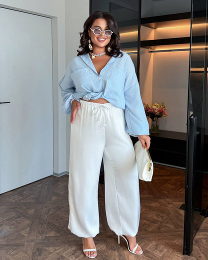 Women Aladdin Harem Pants Cream Double Silk Lightweight Oversized Trousers