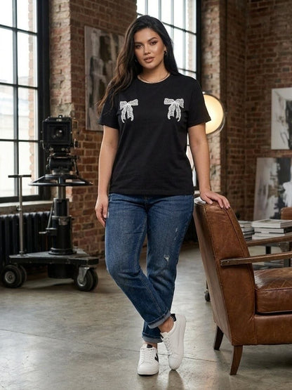 Black Women Short Sleeve T Shirt with Bow Detail Plus Size Kulir Tee