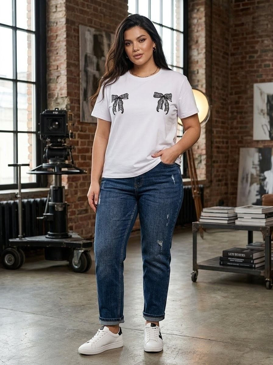 White Womens T Shirt Bow Print Kulir Fabric Casual Tee