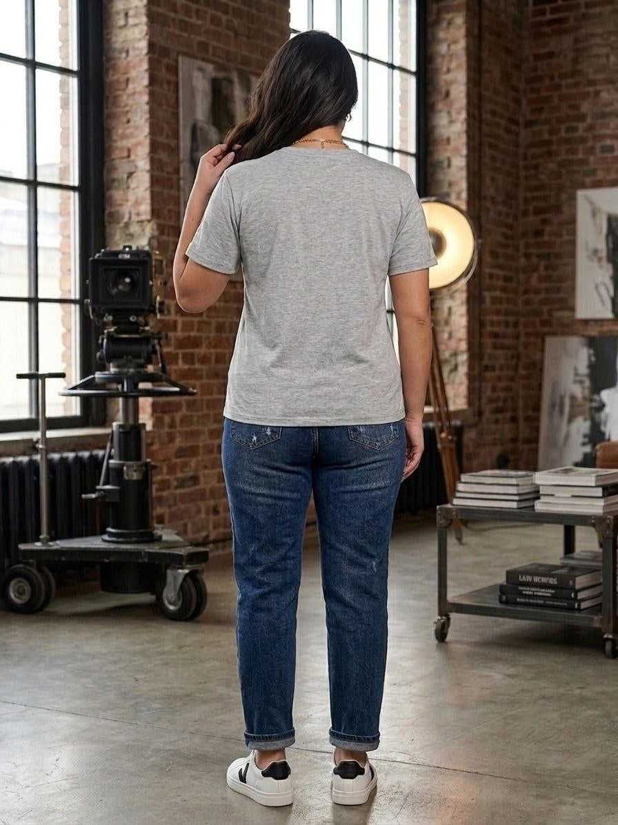 Women Grey T Shirt Kulir Knit Casual Short Sleeve Tee
