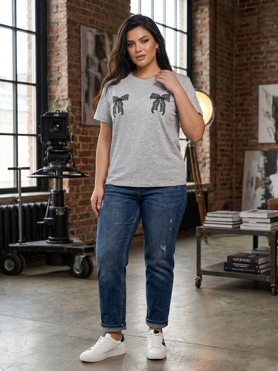 Women Grey T Shirt Kulir Knit Casual Short Sleeve Tee