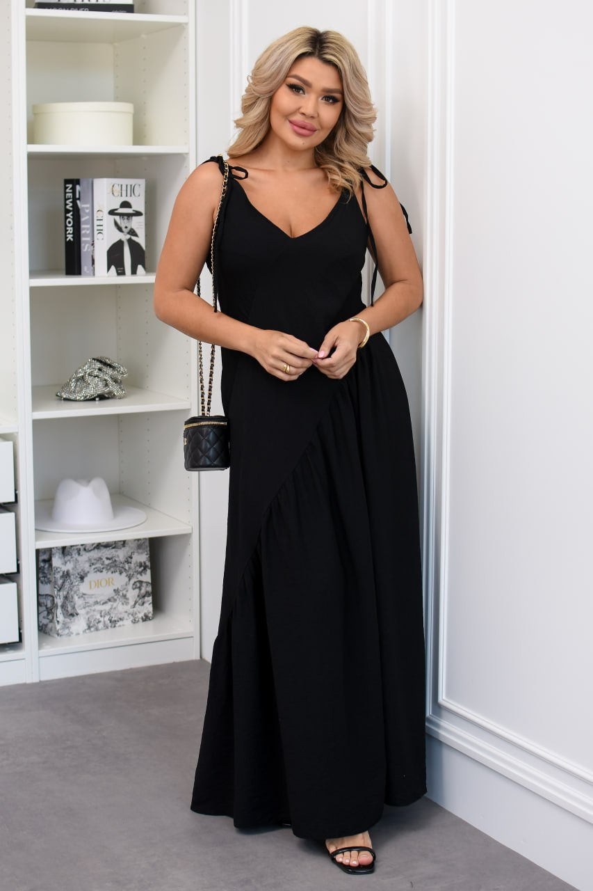 Black Linen Crinkle Maxi Dress Adjustable Shoulder Straps Elastic Back