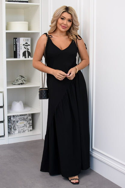 Black Linen Crinkle Maxi Dress Adjustable Shoulder Straps Elastic Back