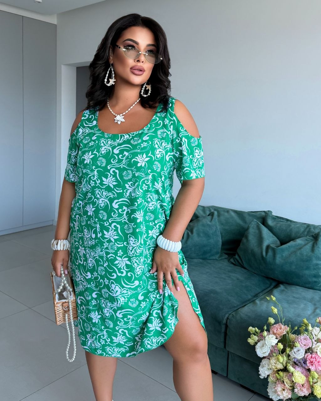 Green Floral Cold Shoulder Dress Soft Fabric Asymmetric Hem Pockets