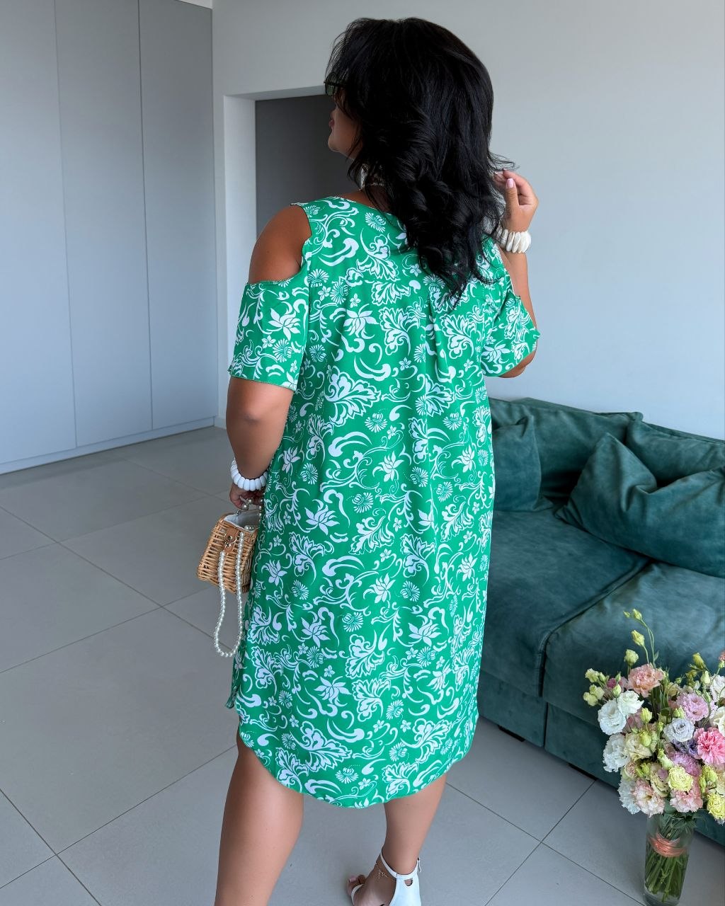 Green Floral Cold Shoulder Dress Soft Fabric Asymmetric Hem Pockets