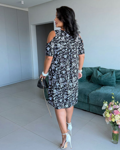 Plus Size Black White Floral Cold Shoulder Dress with Pockets Soft Fabric