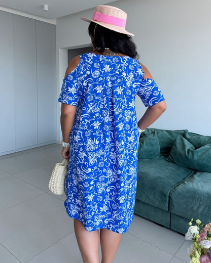 Plus Size Blue Floral Cold Shoulder Soft Dress with Pockets High Low Hem