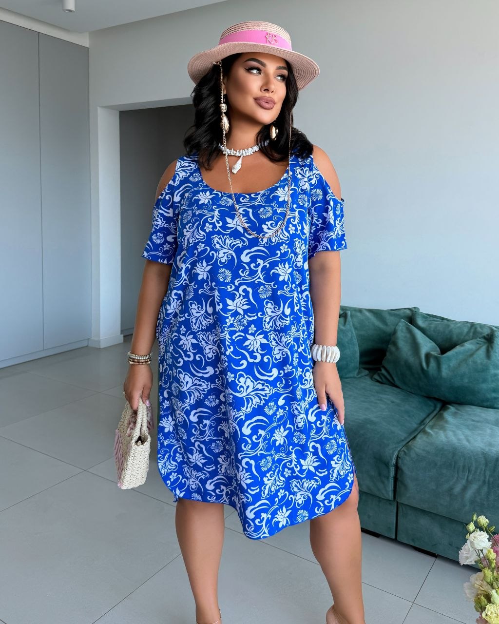 Plus Size Blue Floral Cold Shoulder Soft Dress with Pockets High Low Hem