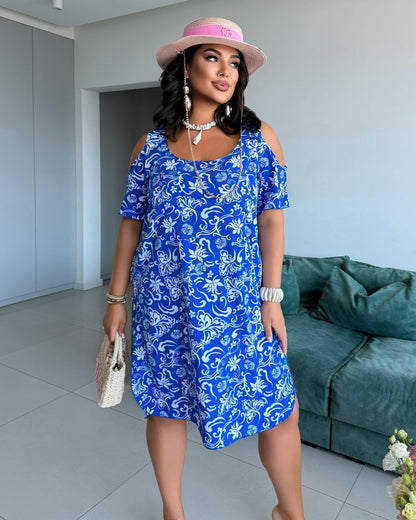 Plus Size Blue Floral Cold Shoulder Soft Dress with Pockets High Low Hem