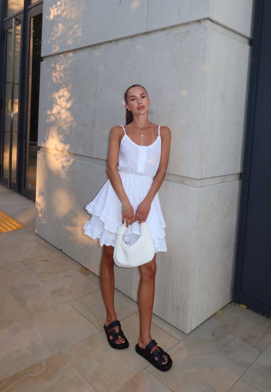 White Linen Batiste Tiered Summer Dress with Lace Trim Spaghetti Straps