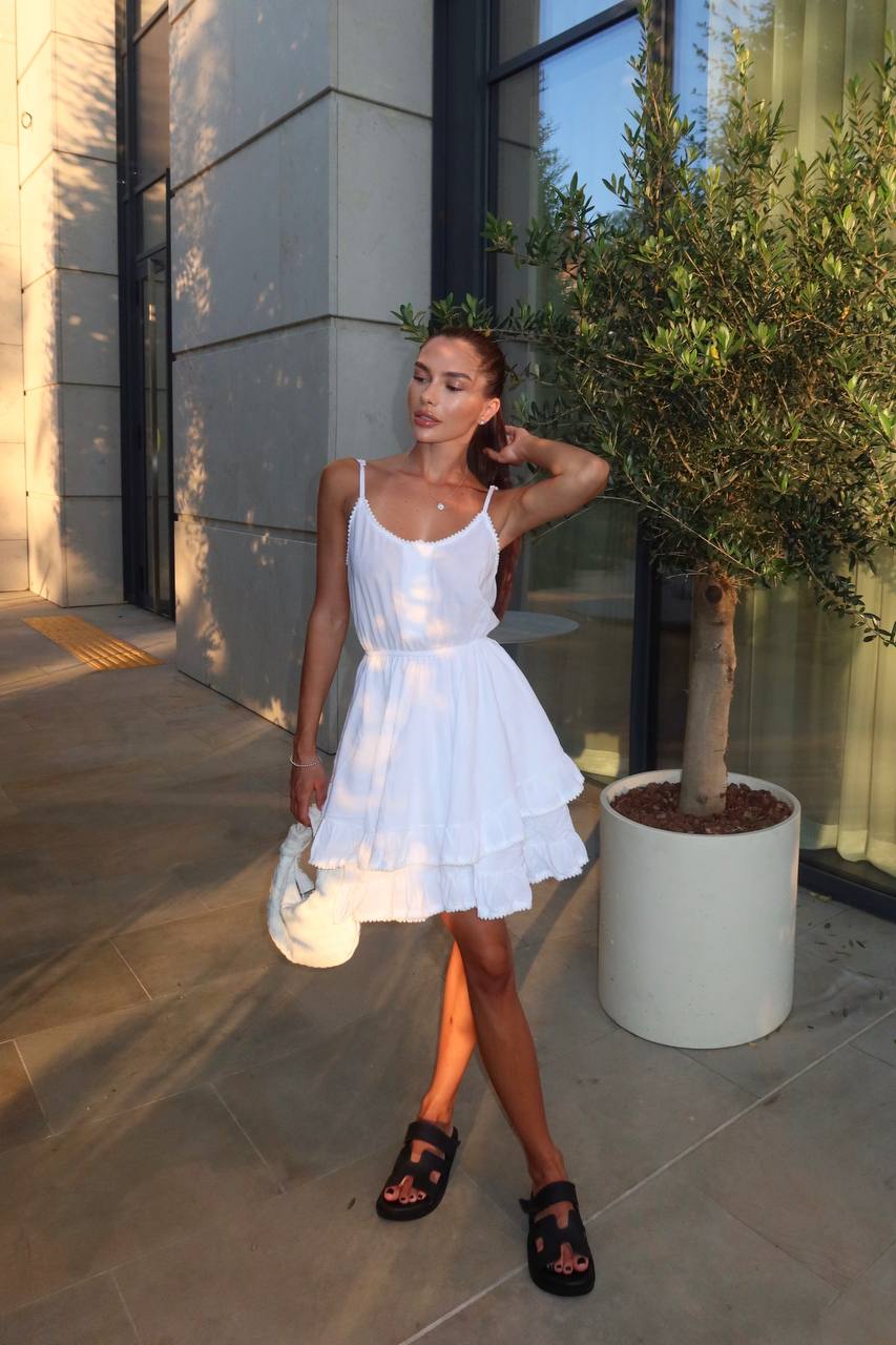 White Linen Batiste Tiered Summer Dress with Lace Trim Spaghetti Straps