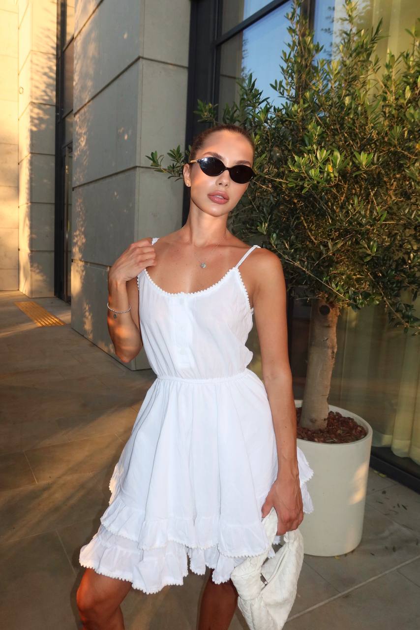 White Linen Batiste Tiered Summer Dress with Lace Trim Spaghetti Straps