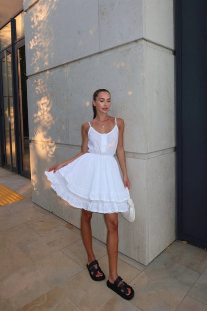 White Linen Batiste Tiered Summer Dress with Lace Trim Spaghetti Straps