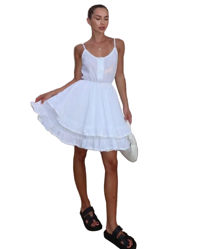 White Linen Batiste Tiered Summer Dress with Lace Trim Spaghetti Straps