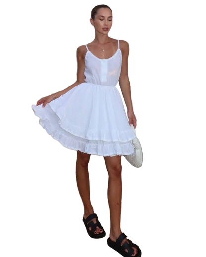 White Linen Batiste Tiered Summer Dress with Lace Trim Spaghetti Straps