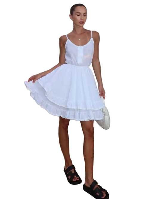 White Linen Batiste Tiered Summer Dress with Lace Trim Spaghetti Straps