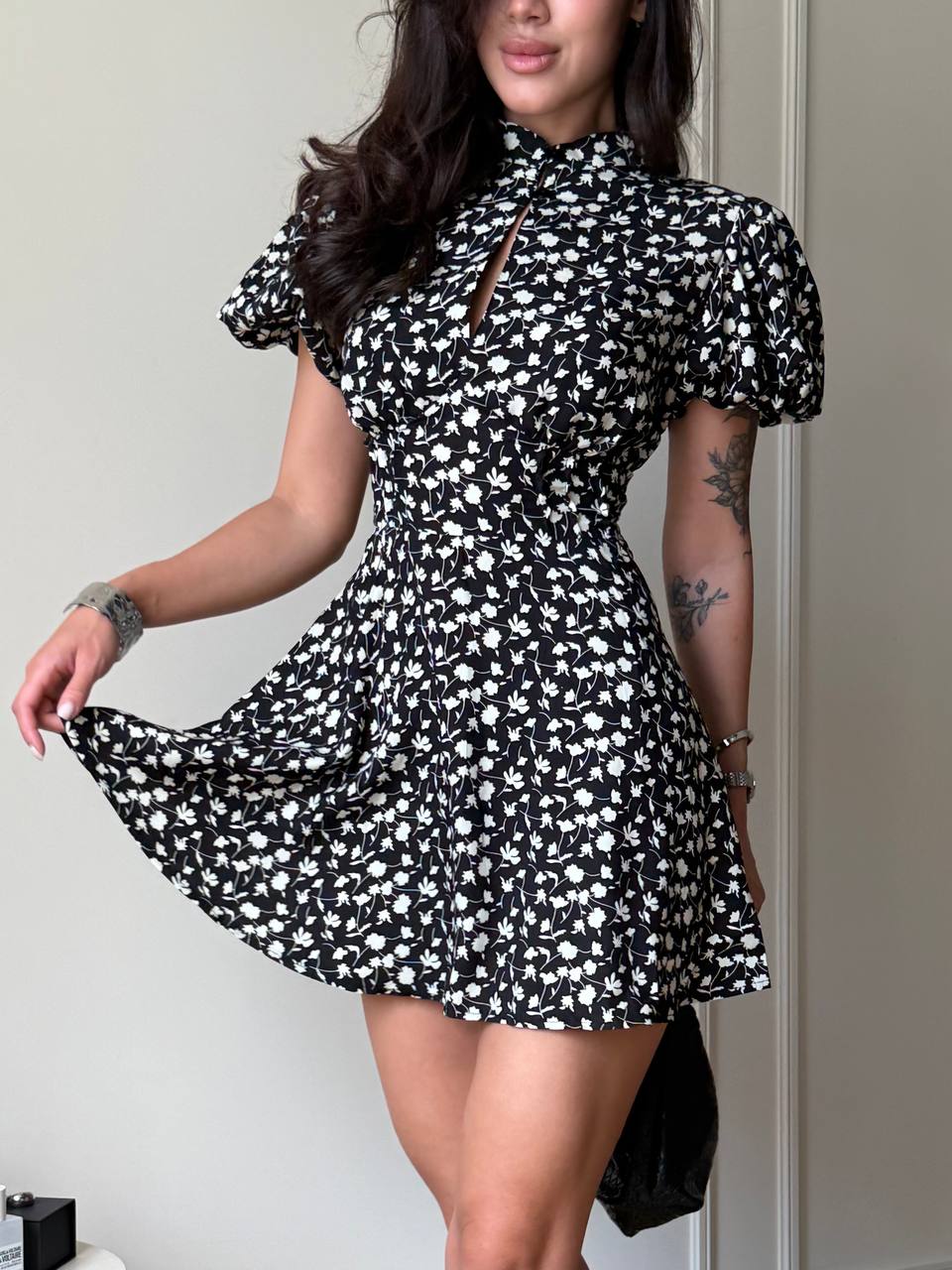 Black Floral Fit and Flare Mini Dress with High Stand Collar and Keyhole Neckline