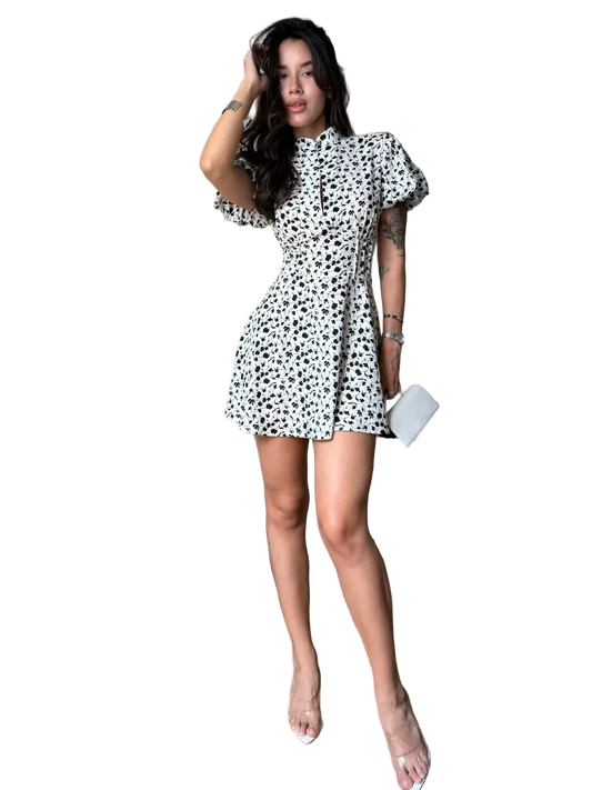 Womens White Black Floral Mini Dress Mock Neck Keyhole Puff Sleeve Shtapel