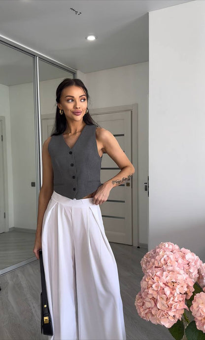 White High Waist Palazzo Trousers Wide Leg Flowy Summer Pants