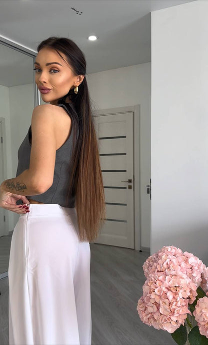 White High Waist Palazzo Trousers Wide Leg Flowy Summer Pants