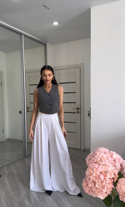 White High Waist Palazzo Trousers Wide Leg Flowy Summer Pants
