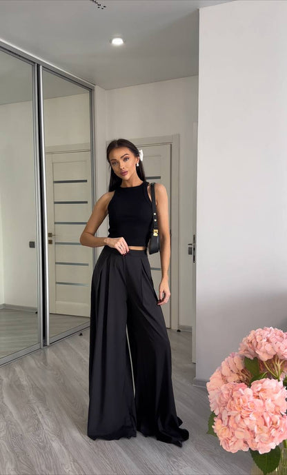 Black High Waist Palazzo Trousers Wide Leg Flowing Pants