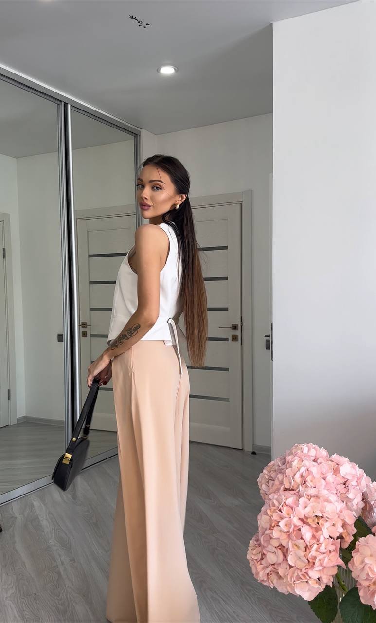High Waist Beige Palazzo Trousers Lightweight Wide Leg Summer Pants