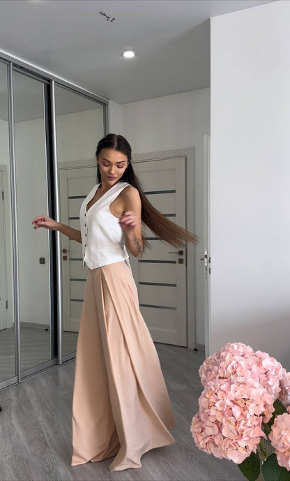 High Waist Beige Palazzo Trousers Lightweight Wide Leg Summer Pants