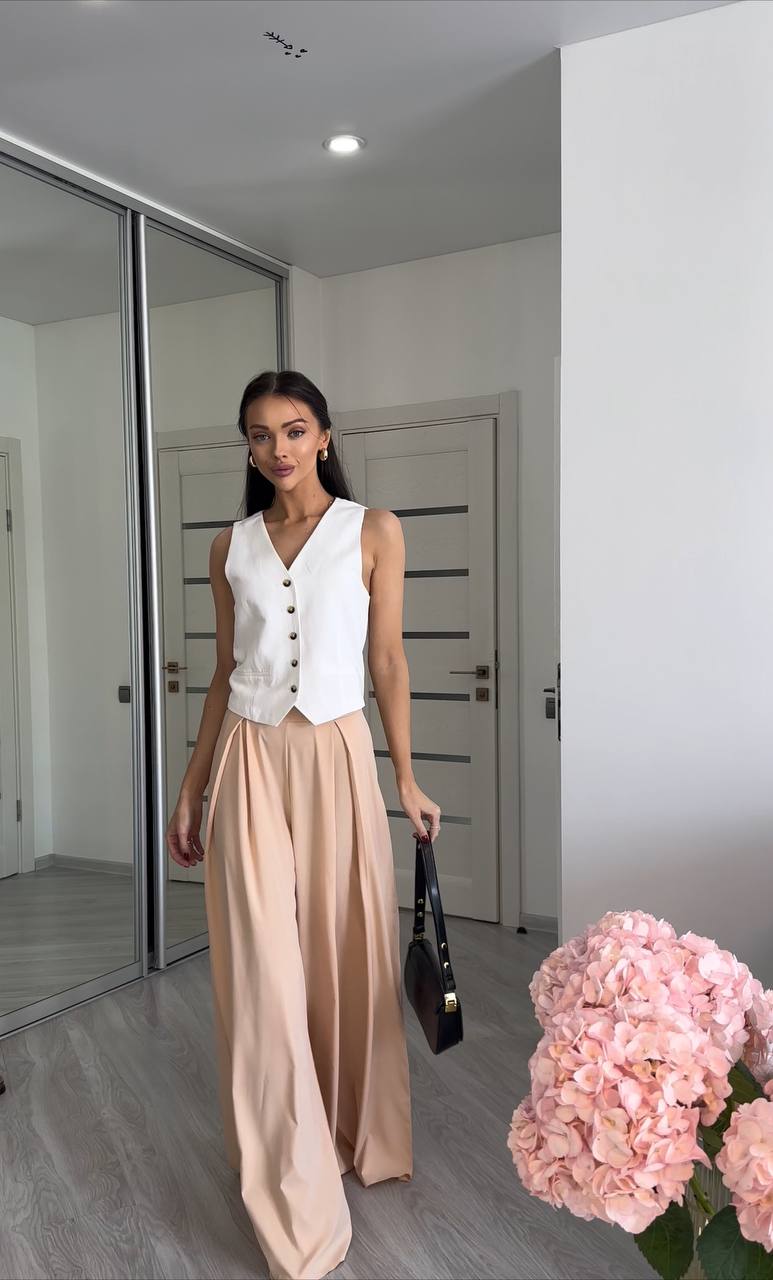 High Waist Beige Palazzo Trousers Lightweight Wide Leg Summer Pants