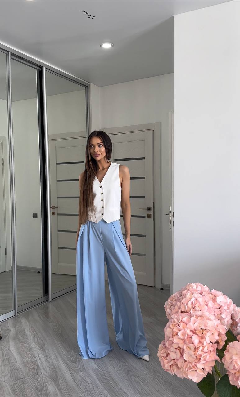 High Waist Light Blue Palazzo Trousers Wide Leg Flowy Summer Pants