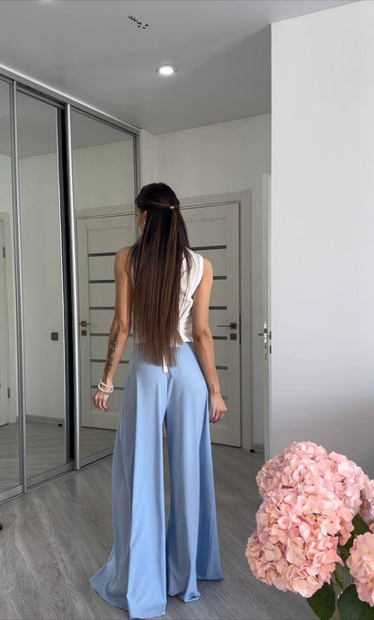 High Waist Light Blue Palazzo Trousers Wide Leg Flowy Summer Pants