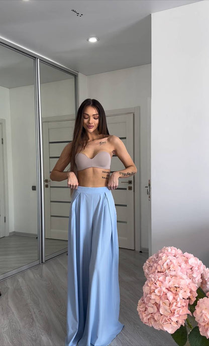 High Waist Light Blue Palazzo Trousers Wide Leg Flowy Summer Pants