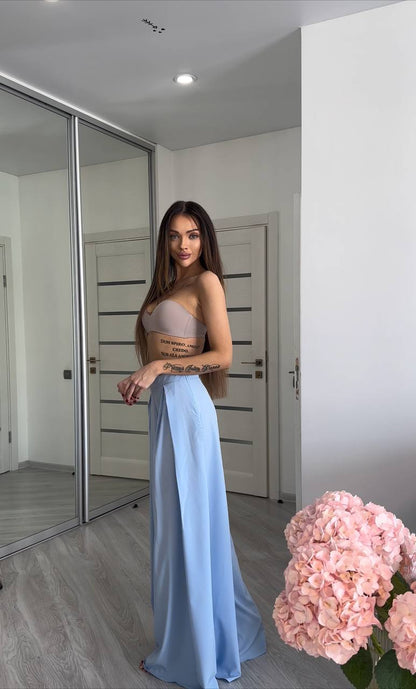 High Waist Light Blue Palazzo Trousers Wide Leg Flowy Summer Pants