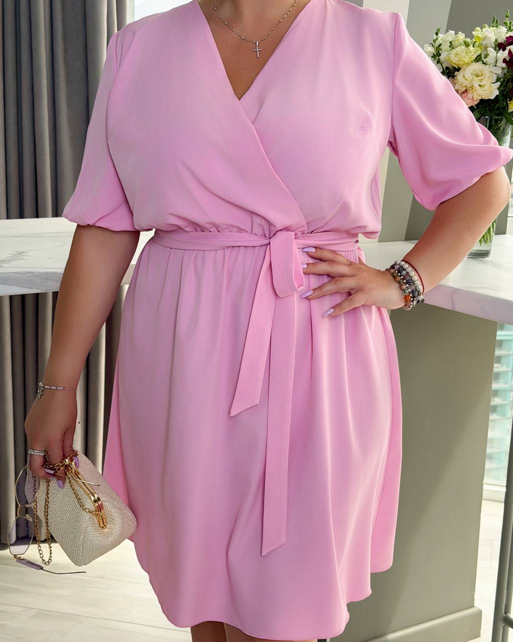 Pink Wrap Dress with Belt Elastic Waist Short Sleeve Dress