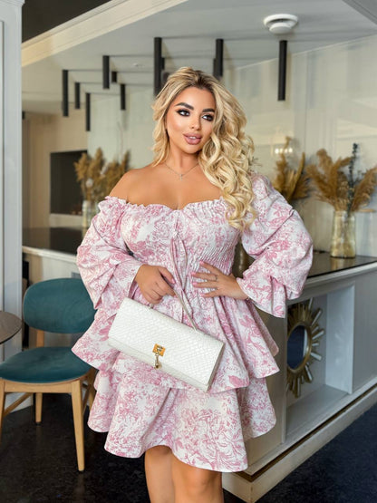 Pink Off Shoulder Ruffle Dress Womens Elastic Waist Bow Front Tiered Mini Dress