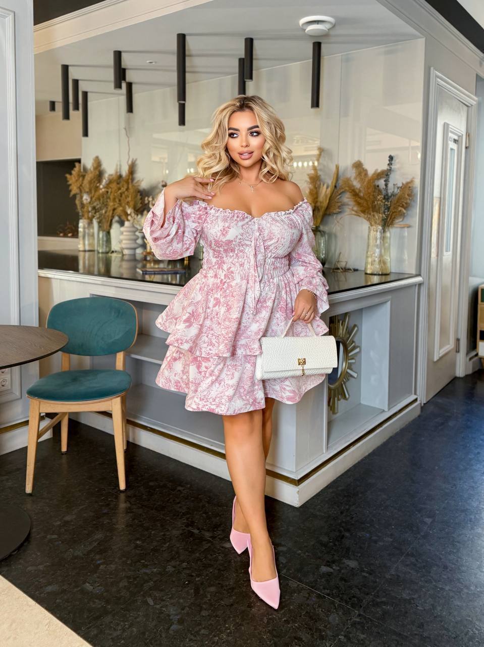 Pink Off Shoulder Ruffle Dress Womens Elastic Waist Bow Front Tiered Mini Dress