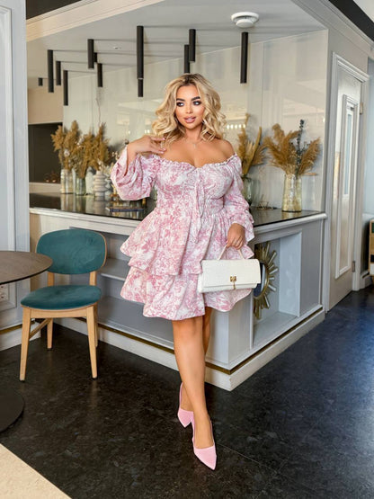 Pink Off Shoulder Ruffle Dress Womens Elastic Waist Bow Front Tiered Mini Dress