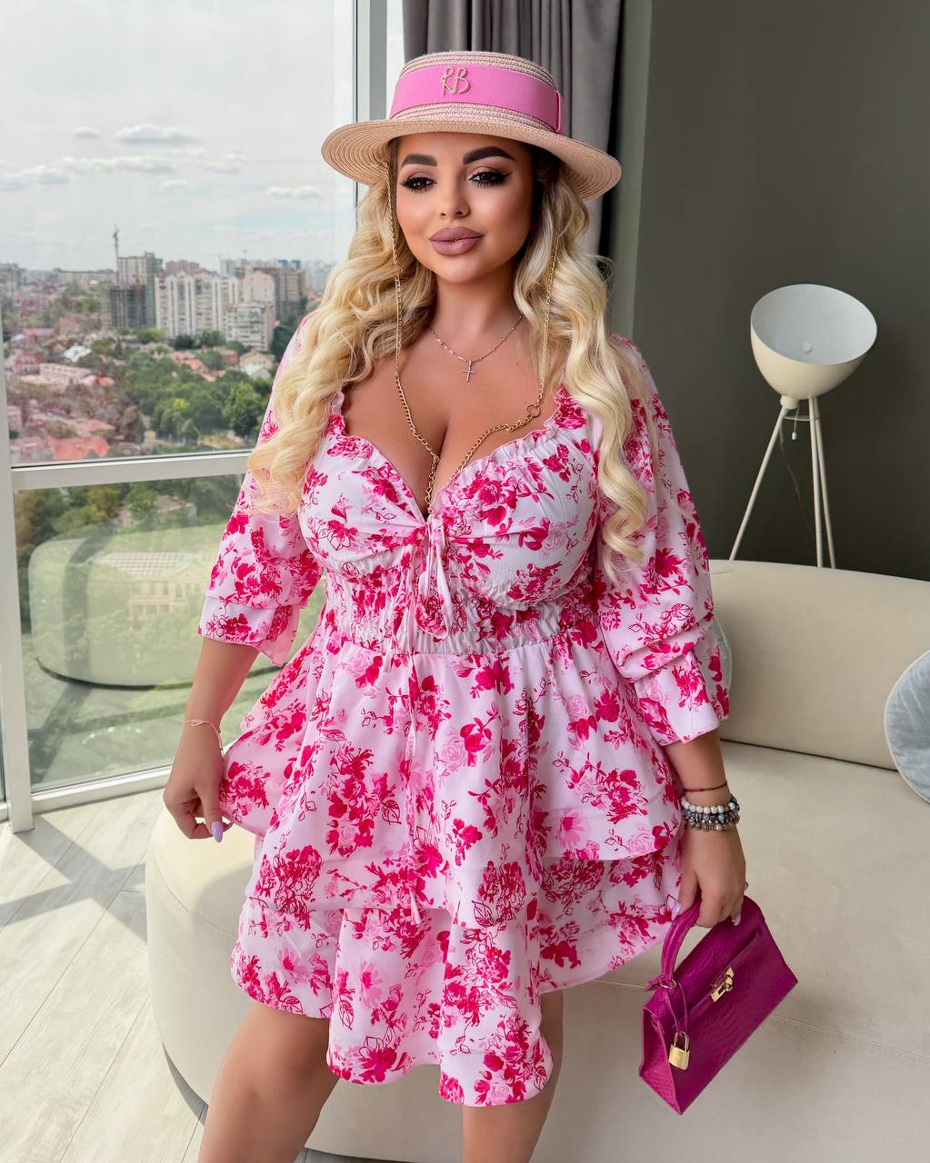 Pink Floral Ruffle Mini Dress Elastic Waist Bow Detail Romantic Neckline