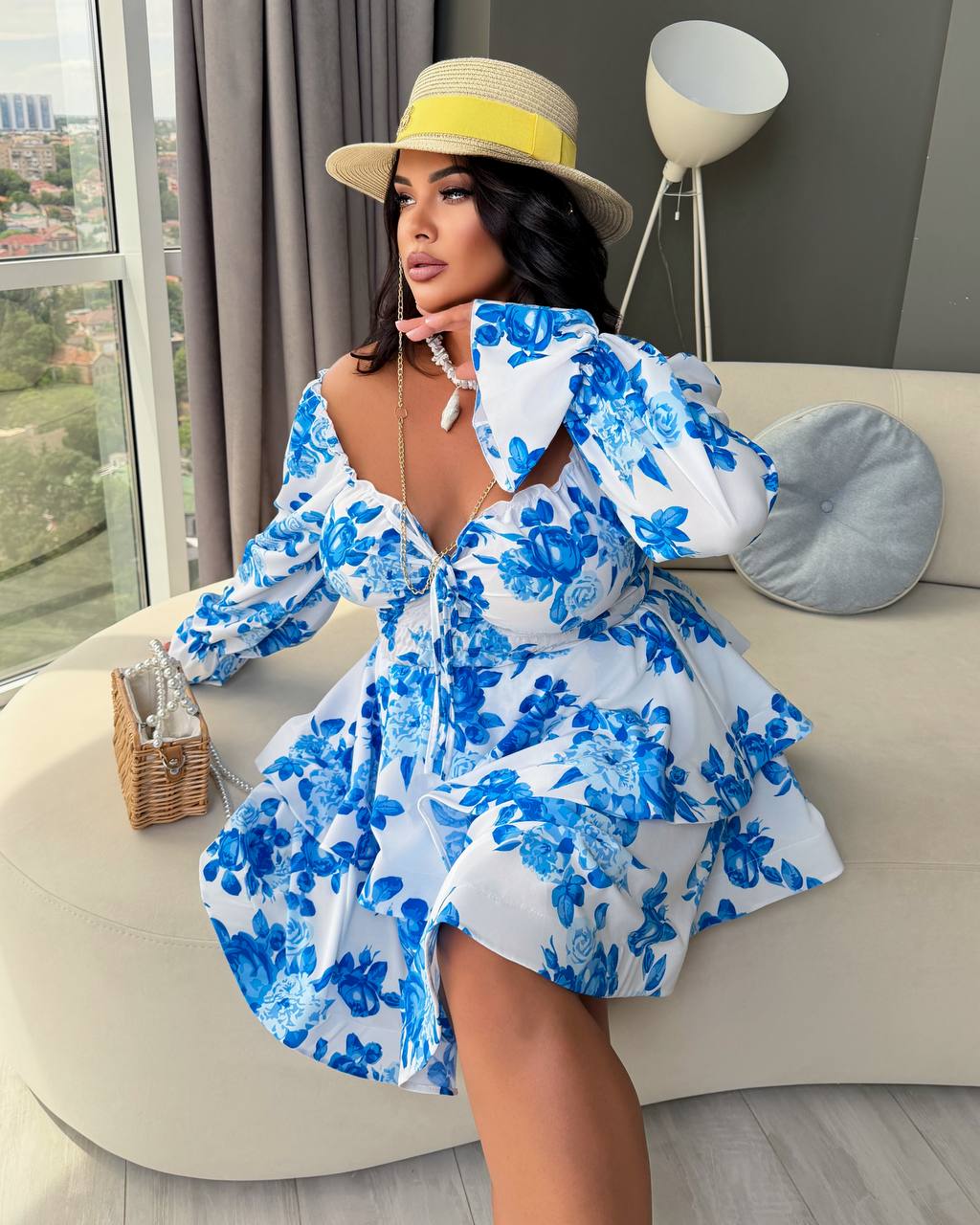 White Dress with Blue Floral Print Ruffle Off Shoulder Smocked Waist Bow Detail