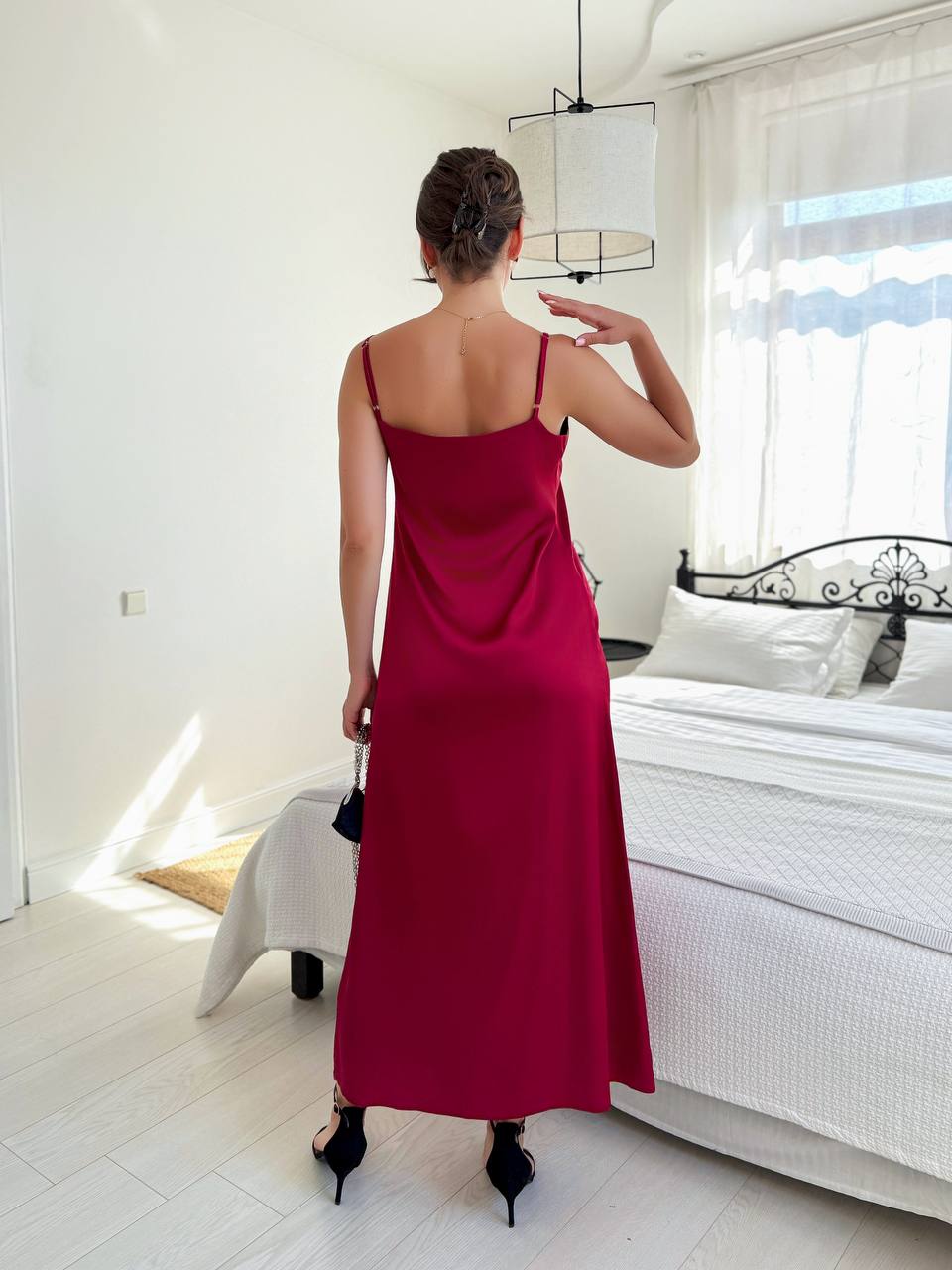 Burgundy Slip Dress V Neck Adjustable Straps Trapeze Silhouette
