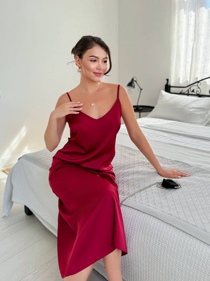 Burgundy Slip Dress V Neck Adjustable Straps Trapeze Silhouette
