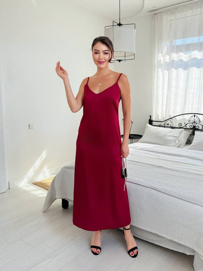 Burgundy Slip Dress V Neck Adjustable Straps Trapeze Silhouette